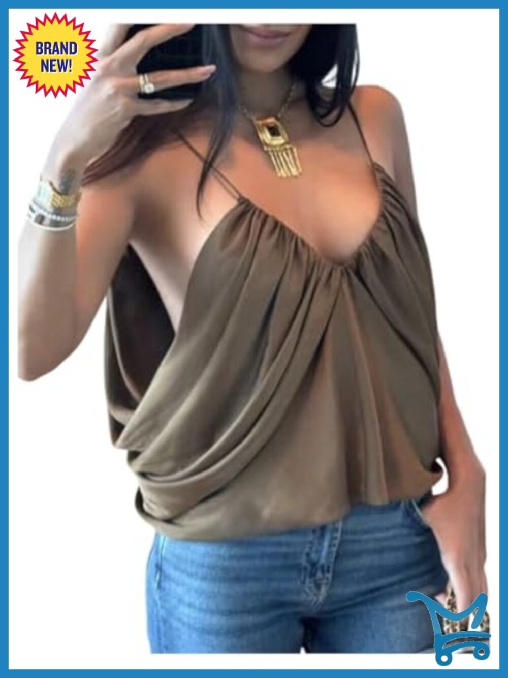 Draped V Neck Satin Camisole Sleeveless Backless Party Top